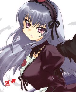 Rating: Safe Score: 0 Tags: 1girl black_wings detached_collar dress feathers flower frills hairband image long_hair long_sleeves looking_at_viewer pink_eyes puffy_sleeves rose silver_hair simple_background smile solo suigintou upper_body white_background wings User: admin