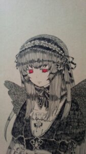 Rating: Safe Score: 0 Tags: 1girl bangs closed_mouth dress frills hairband image long_hair long_sleeves looking_at_viewer photo red_eyes ribbon solo suigintou traditional_media wings User: admin