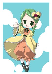Rating: Safe Score: 0 Tags: 1girl :d artist_request blue_background dress drill_hair flower frills full_body green_eyes green_hair hair_ornament heart heart_hair_ornament image kanaria long_sleeves open_mouth puffy_pants rozen_maiden shoes short_hair simple_background smile solo standing twin_drills waving yellow_dress User: admin