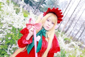 Rating: Safe Score: 0 Tags: 1girl bangs blonde_hair blue_eyes bonnet bow dress flower long_hair red_dress shinku solo User: admin