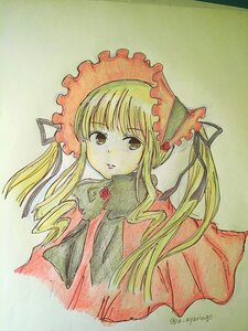 Rating: Safe Score: 0 Tags: 1girl bangs blonde_hair bow dress eyebrows_visible_through_hair green_background image long_hair looking_at_viewer shinku simple_background solo traditional_media twintails twitter_username upper_body User: admin