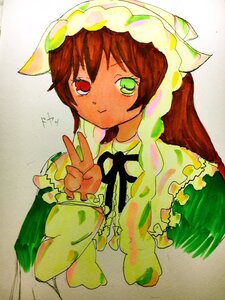 Rating: Safe Score: 0 Tags: 1girl animal_ears braid brown_hair dress green_dress green_eyes heterochromia image long_hair long_sleeves looking_at_viewer red_eyes solo suiseiseki traditional_media v User: admin