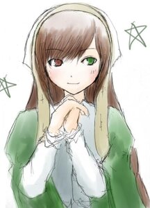 Rating: Safe Score: 0 Tags: 1girl bangs blush brown_hair closed_mouth dress eyebrows_visible_through_hair green_dress green_eyes hands_clasped head_scarf heterochromia image long_hair long_sleeves looking_at_viewer own_hands_together red_eyes simple_background sketch smile solo suiseiseki upper_body white_background User: admin