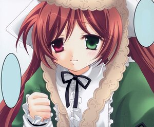 Rating: Safe Score: 0 Tags: 1girl black_ribbon blush brown_hair dress frills green_dress green_eyes image long_hair long_sleeves looking_at_viewer ribbon smile solo suiseiseki upper_body User: admin