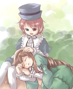 Rating: Safe Score: 0 Tags: 2girls blue_dress brown_hair dress frills green_dress hat heterochromia image lap_pillow long_hair long_sleeves multiple_girls open_mouth pair red_eyes short_hair siblings sisters smile souseiseki suiseiseki top_hat twins white_legwear User: admin