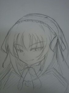 Rating: Safe Score: 0 Tags: 1girl evil_smile eyebrows_visible_through_hair graphite_(medium) greyscale grin hairband image long_hair monochrome simple_background sketch smile solo suigintou traditional_media upper_body User: admin