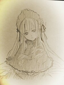 Rating: Safe Score: 0 Tags: 1girl bangs closed_mouth dress eyebrows_visible_through_hair frills hairband image long_hair long_sleeves looking_at_viewer monochrome ribbon shinku solo traditional_media upper_body User: admin