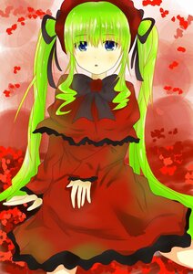 Rating: Safe Score: 0 Tags: 1girl blue_eyes blush bow bowtie capelet dress flower green_hair hair_ribbon hat image long_hair looking_at_viewer red_dress ribbon shinku solo twintails very_long_hair User: admin