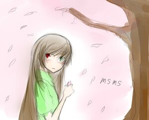Rating: Safe Score: 0 Tags: 1girl brown_hair cherry_blossoms dress green_dress green_eyes heterochromia holding image long_hair looking_at_viewer looking_back petals red_eyes solo suiseiseki tree User: admin