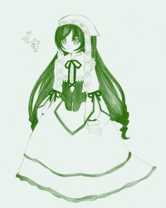 Rating: Safe Score: 0 Tags: 1girl dress frills green_hair green_theme head_scarf image long_hair long_sleeves looking_at_viewer monochrome neck_ribbon ribbon simple_background solo suiseiseki very_long_hair User: admin