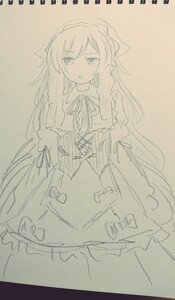 Rating: Safe Score: 0 Tags: 1girl blush bow dress eyebrows_visible_through_hair hair_bow image long_hair long_sleeves monochrome sketch sleeveless solo suiseiseki traditional_media very_long_hair User: admin