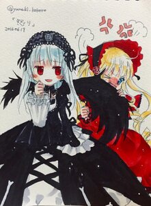 Rating: Safe Score: 0 Tags: 2girls black_dress black_wings blonde_hair blush bonnet dress drill_hair flower frills hairband image long_hair long_sleeves multiple_girls open_mouth pair red_eyes shinku silver_hair suigintou traditional_media wings User: admin