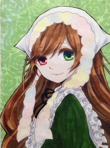 Rating: Safe Score: 0 Tags: 1girl auto_tagged bangs brown_hair closed_mouth frills green_background green_eyes head_scarf heterochromia image long_hair looking_at_viewer red_eyes smile solo suiseiseki swept_bangs traditional_media User: admin