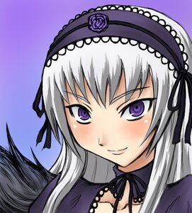 Rating: Safe Score: 0 Tags: 1girl black_ribbon blush closed_mouth detached_collar flower frills hairband image lolita_hairband long_hair long_sleeves looking_at_viewer purple_background ribbon rose silver_hair simple_background smile solo suigintou User: admin