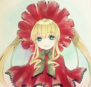 Rating: Safe Score: 0 Tags: 1girl blonde_hair bow bowtie capelet dress image long_hair long_sleeves looking_at_viewer marker_(medium) shinku sidelocks simple_background smile solo traditional_media twintails upper_body User: admin