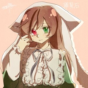 Rating: Safe Score: 0 Tags: 1girl bow brown_hair dated dress frills green_eyes head_scarf heterochromia image long_hair long_sleeves looking_at_viewer red_eyes signature solo suiseiseki traditional_media upper_body User: admin