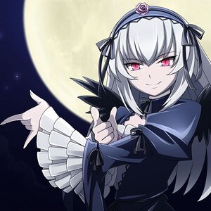 Rating: Safe Score: 0 Tags: 1girl black_wings dress flower frills full_moon hairband image lolita_hairband long_hair long_sleeves looking_at_viewer moon night pink_eyes ribbon rose silver_hair smile solo suigintou wings User: admin