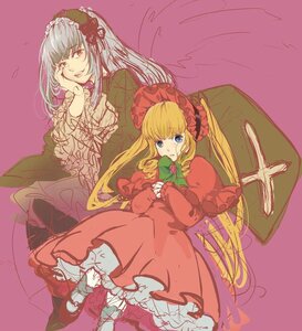 Rating: Safe Score: 0 Tags: 2girls black_wings blonde_hair blue_eyes bow dress frills image long_hair long_sleeves multiple_girls pair red_dress shinku silver_hair simple_background suigintou wings User: admin