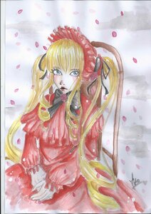 Rating: Safe Score: 0 Tags: 1girl artist_name blonde_hair blue_eyes bonnet bow bowtie dress flower image long_hair long_sleeves looking_at_viewer marker_(medium) petals red_capelet red_dress rose_petals shinku solo traditional_media twintails very_long_hair watercolor_(medium) User: admin