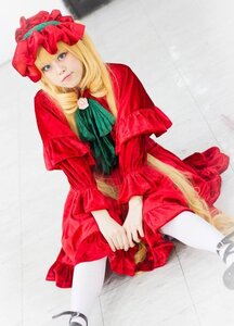 Rating: Safe Score: 0 Tags: 1girl blonde_hair blue_eyes bonnet dress flower lips long_hair long_sleeves looking_at_viewer photo red_dress shinku sitting solo striped traditional_media white_legwear User: admin