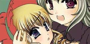 Rating: Safe Score: 0 Tags: 2girls :d blonde_hair blush close-up drill_hair image long_sleeves looking_at_viewer multiple_girls open_mouth pair purple_eyes shinku simple_background smile suigintou User: admin