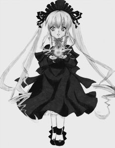 Rating: Safe Score: 0 Tags: 1girl dress frills full_body greyscale image long_hair long_sleeves looking_at_viewer monochrome shinku shoes solo standing very_long_hair User: admin