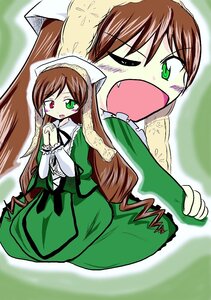 Rating: Safe Score: 0 Tags: 1girl blush_stickers brown_hair dress frills green_dress green_eyes head_scarf heterochromia image long_hair long_sleeves open_mouth red_eyes siblings solo suiseiseki very_long_hair User: admin