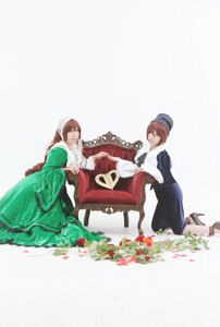 Rating: Safe Score: 0 Tags: 2girls brown_hair closed_eyes dress flower fur_trim hat multiple_cosplay multiple_girls short_hair siblings sitting smile tagme User: admin