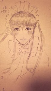 Rating: Safe Score: 0 Tags: 1girl image jewelry long_hair looking_at_viewer maid_headdress monochrome photo shinku sketch smile solo traditional_media upper_body User: admin