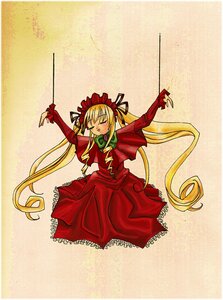 Rating: Safe Score: 0 Tags: 1girl blonde_hair blush bonnet bow closed_eyes dress image long_hair long_sleeves red_dress shinku solo twintails very_long_hair User: admin