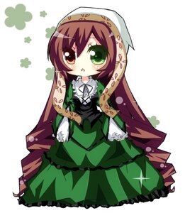 Rating: Safe Score: 0 Tags: 1girl blush brown_hair chibi dress frills full_body green_dress green_eyes heterochromia image long_hair long_sleeves red_eyes solo standing suiseiseki very_long_hair white_background User: admin