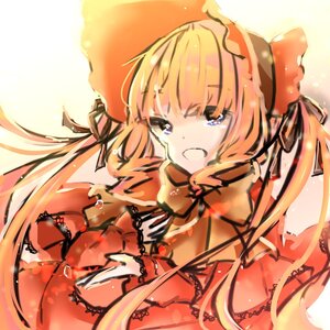 Rating: Safe Score: 0 Tags: 1girl black_ribbon blonde_hair blue_eyes bonnet dress hair_ribbon image long_hair open_mouth ribbon shinku smile solo twintails upper_body User: admin