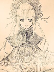 Rating: Safe Score: 0 Tags: 1girl bangs bow capelet dress eyebrows_visible_through_hair image long_hair looking_at_viewer monochrome shinku simple_background smile solo traditional_media User: admin