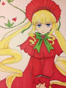Rating: Safe Score: 0 Tags: 1girl blonde_hair blue_eyes bonnet bow bowtie dress flower green_bow image long_hair long_sleeves looking_at_viewer marker_(medium) red_dress shinku sidelocks simple_background solo traditional_media twintails v_arms very_long_hair User: admin