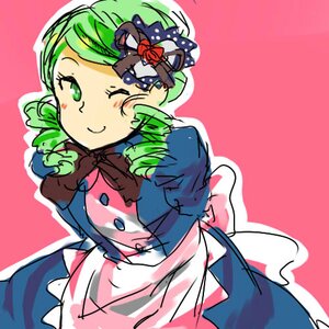 Rating: Safe Score: 0 Tags: 1girl apron bow dress drill_hair flower green_eyes green_hair hat image kanaria long_sleeves one_eye_closed pink_background rose simple_background smile solo User: admin