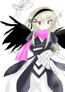 Rating: Safe Score: 0 Tags: 1girl bangs black_wings blush bug dress eyebrows_visible_through_hair feathered_wings feathers frills hairband image insect long_hair long_sleeves looking_at_viewer red_eyes ribbon scarf solo suigintou white_background wings User: admin