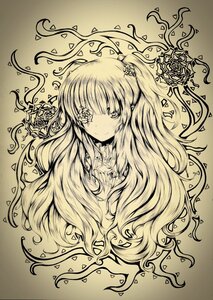 Rating: Safe Score: 0 Tags: 1girl flower hair_flower hair_ornament image kirakishou long_hair looking_at_viewer monochrome petals rose smile solo traditional_media vines User: admin