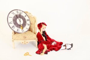 Rating: Safe Score: 0 Tags: 1girl blonde_hair clock closed_eyes dress flower red_dress shinku shoes sitting solo User: admin