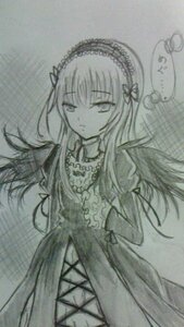 Rating: Safe Score: 0 Tags: 1girl closed_mouth dress flower frills hairband image long_hair long_sleeves monochrome solo standing suigintou traditional_media wings User: admin