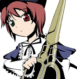 Rating: Safe Score: 0 Tags: 1girl :o brown_hair green_eyes hat heterochromia holding image ixy long_sleeves looking_at_viewer red_eyes ribbon rozen_maiden scissors short_hair simple_background solo souseiseki upper_body white_background User: admin