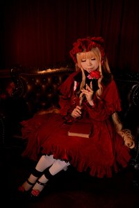 Rating: Safe Score: 0 Tags: 1girl blonde_hair bonnet bow closed_eyes dress flower frills long_hair red_dress rose shinku sitting solo User: admin