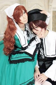 Rating: Safe Score: 0 Tags: brown_hair dress green_dress hat head_scarf holding_hands long_hair long_sleeves looking_at_viewer multiple_cosplay siblings sisters smile suiseiseki tagme twins User: admin