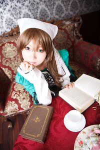 Rating: Safe Score: 0 Tags: 1girl blurry book brown_hair depth_of_field dress floral_print green_eyes lips long_hair long_sleeves looking_at_viewer sitting solo suiseiseki User: admin