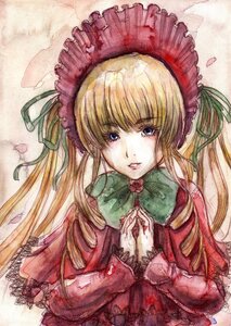 Rating: Safe Score: 0 Tags: 1girl blonde_hair blue_eyes bonnet bow bowtie dress flower green_bow green_neckwear image long_hair long_sleeves looking_at_viewer petals rose shinku solo traditional_media twintails watercolor_(medium) User: admin