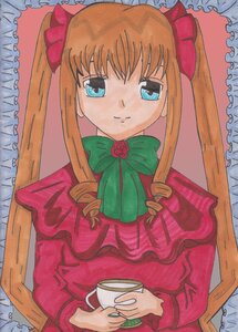 Rating: Safe Score: 0 Tags: 1girl bangs blue_eyes bonnet bow bowtie cup dress drill_hair flower frills green_bow holding holding_cup image long_hair long_sleeves looking_at_viewer red_dress rose shinku simple_background sitting solo teacup traditional_media twintails white_background User: admin