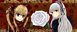 Rating: Safe Score: 0 Tags: 2girls blonde_hair blue_eyes bonnet bow flower green_bow hairband image long_hair looking_at_viewer multiple_girls pair pink_rose red_flower red_rose rose shinku smile suigintou twintails white_rose User: admin