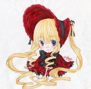 Rating: Safe Score: 0 Tags: 1girl bangs blonde_hair blue_eyes blush bonnet bow bowtie drill_hair flower image long_hair looking_at_viewer marker_(medium) red_dress rose shinku simple_background smile solo traditional_media twintails white_background User: admin