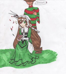 Rating: Safe Score: 0 Tags: 1boy 1girl brown_hair dress flower green_dress green_eyes hat heterochromia image long_hair long_sleeves red_eyes rose solo suiseiseki top_hat very_long_hair watering_can User: admin