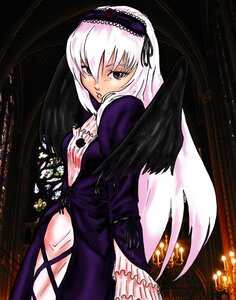 Rating: Safe Score: 0 Tags: 1girl black_wings cowboy_shot detached_collar dress feathers frills hairband image juliet_sleeves long_hair long_sleeves looking_at_viewer parted_lips puffy_sleeves solo standing suigintou wings User: admin