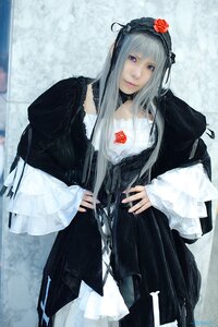 Rating: Safe Score: 0 Tags: 1girl bangs black_dress blue_eyes blurry choker closed_mouth dress flower gothic_lolita hairband lips lolita_fashion long_hair long_sleeves looking_at_viewer photo rose silver_hair solo standing suigintou User: admin